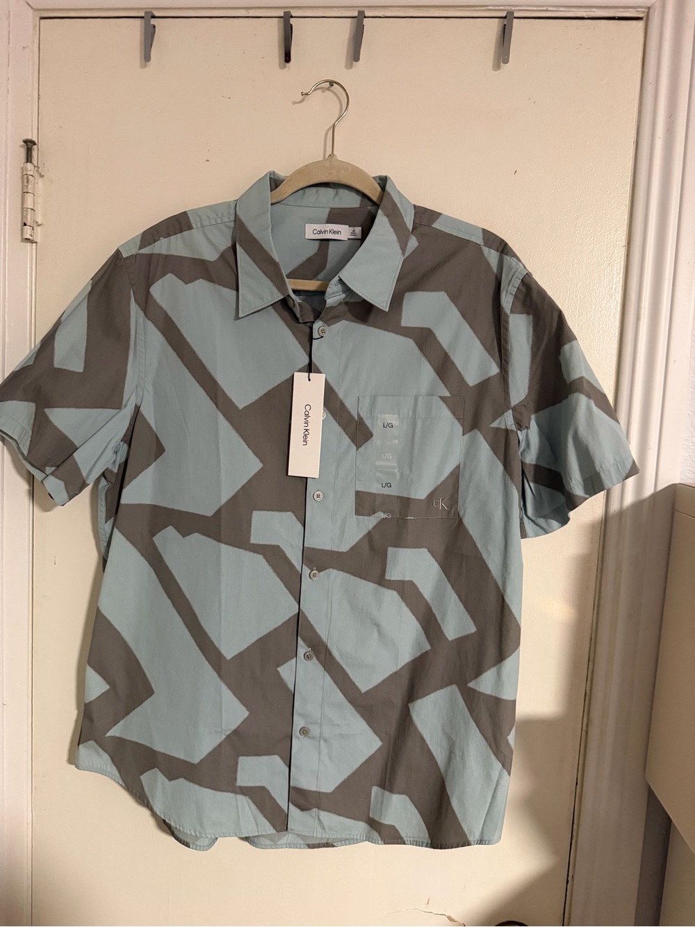 Calvin Klein Short-Sleeve Geometric Button-Down in Light Blue and Gray